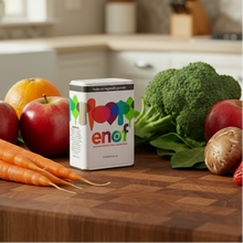 Load image into Gallery viewer, Assorted fruits and vegetables on a kitchen counter with a canister of ENOF.