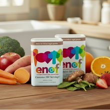 Load image into Gallery viewer, Two containers of enof powder on a kitchen counter with fresh produce